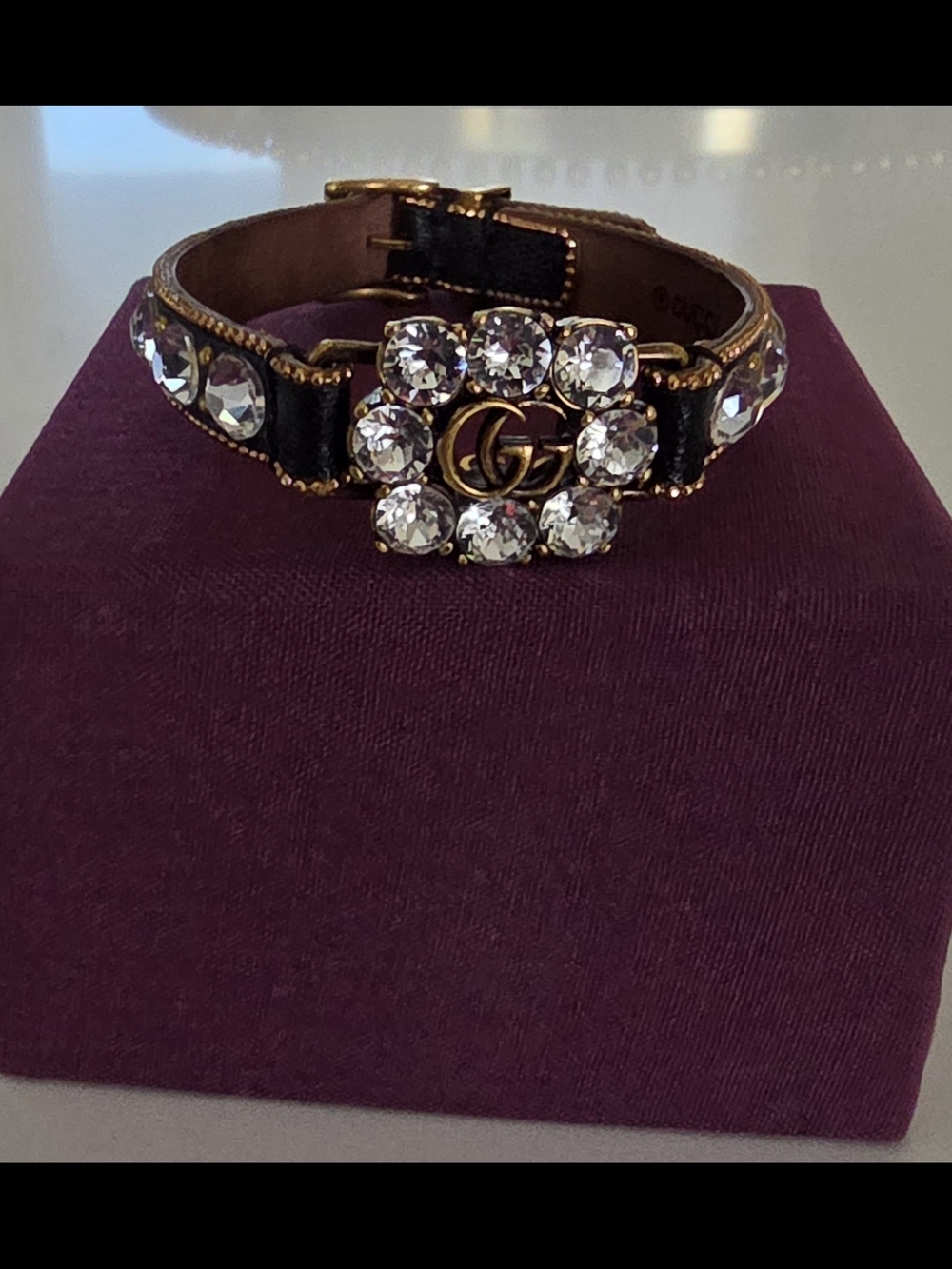Gucci Black Leather Crystal-Studded Bracelet with Gold Double G